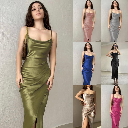 Women's Low Cut Satin Split Sling Dress