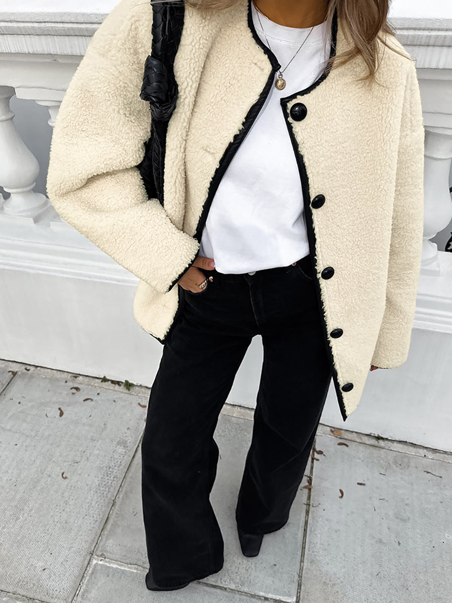 Beige Lambswool Patchwork Round Neck Warm Baggy Coat
