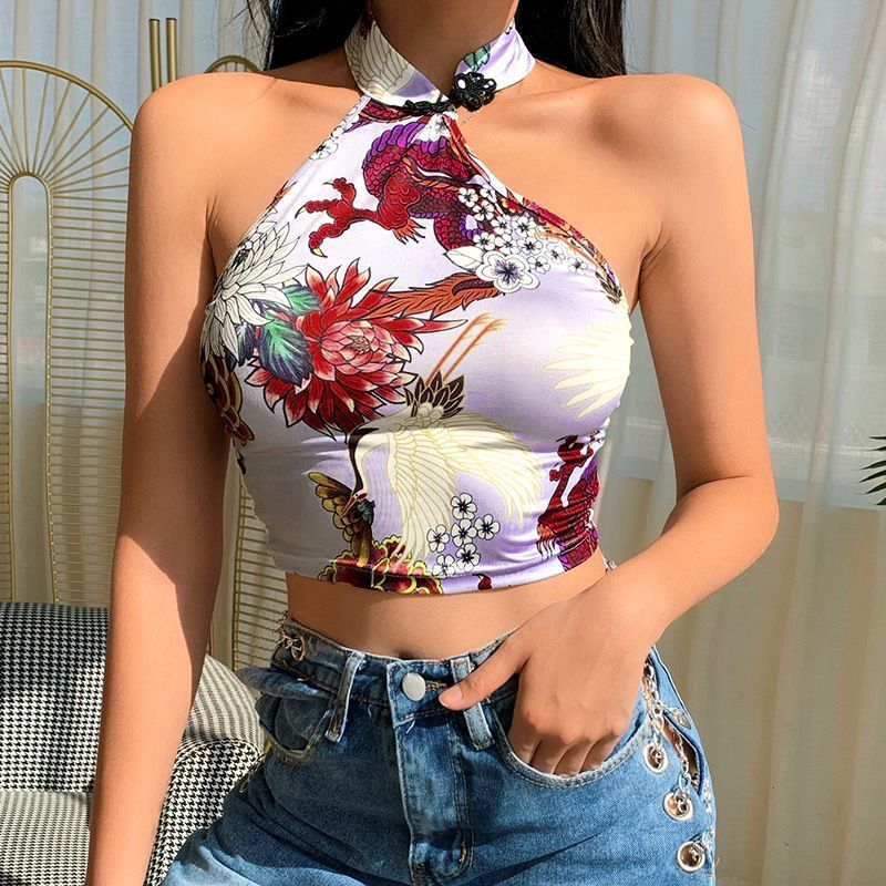 Chinoiserie Printed Halter Neck Buttoned Sexy Navel Crop Top