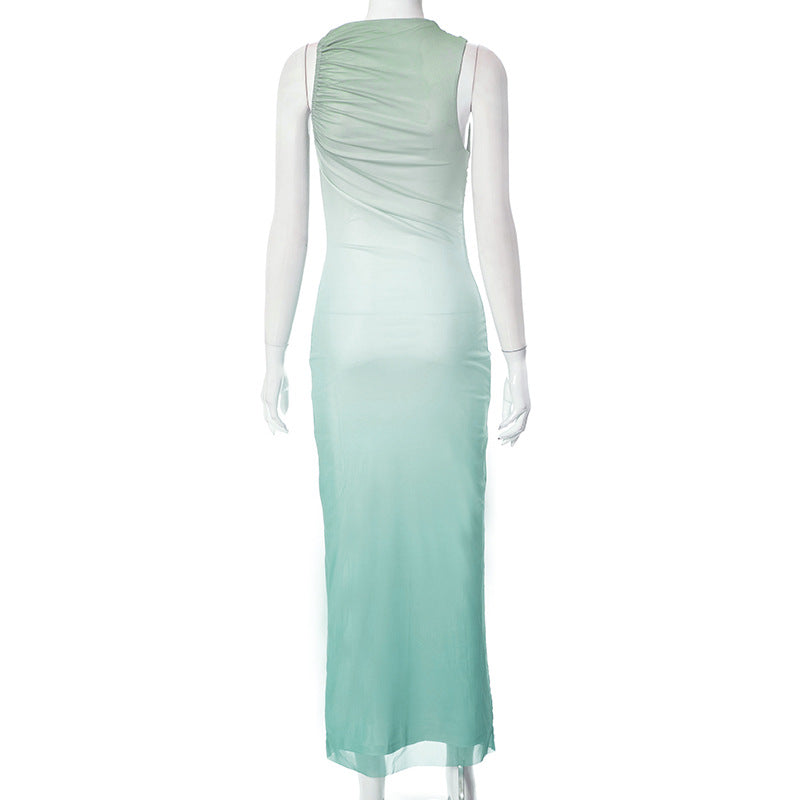 Round Neck Sleeveless Tie-dyed Mesh Long Dress
