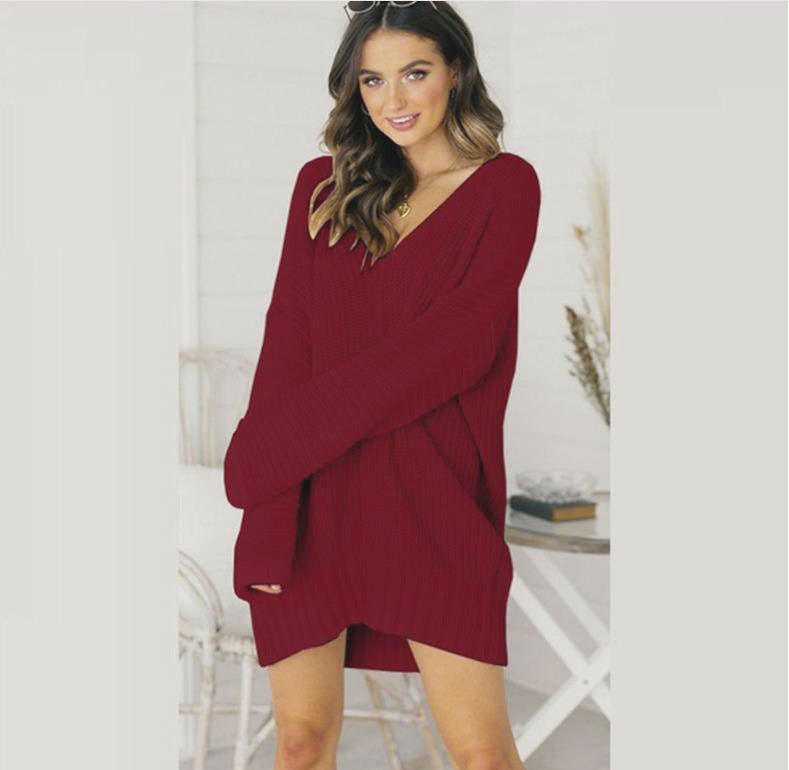 Women's Loose V-neck Mid-length Dress Sweater