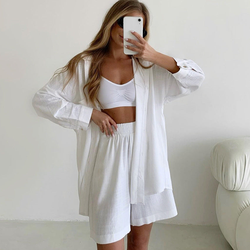 Fashion Cardigan Cotton And Linen Pure Color Comfort Pajamas Two-piece Set
