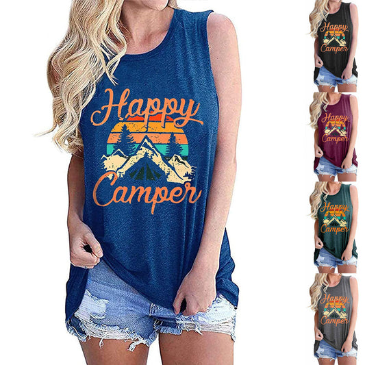 Happy Pattern Printed Round Neck Sleeveless T-shirt Women