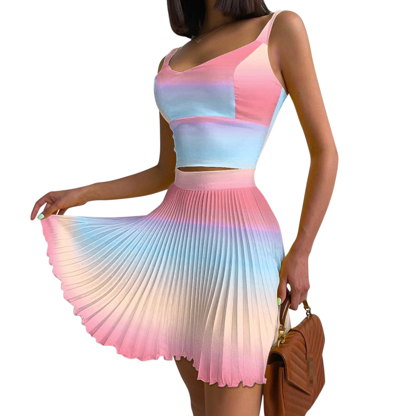 Sexy Two-piece Sleeveless Vest Pleated Skirt