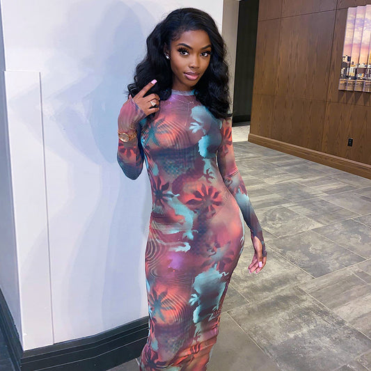 Gauze Printed Casual Long Dress