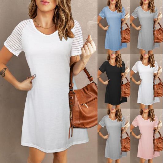 European And American Summer New Casual V-neck Short Sleeve Printed Casual Patchwork Dress For Women