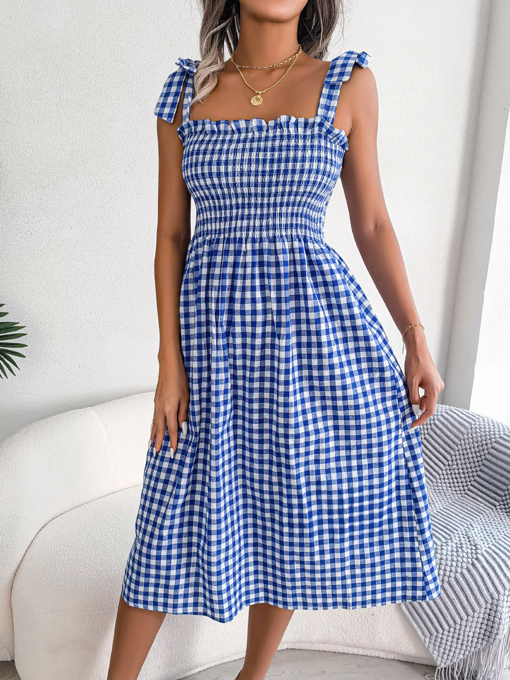 Casual Lace Up Color-contrast Check Skirt Mid-length Dress