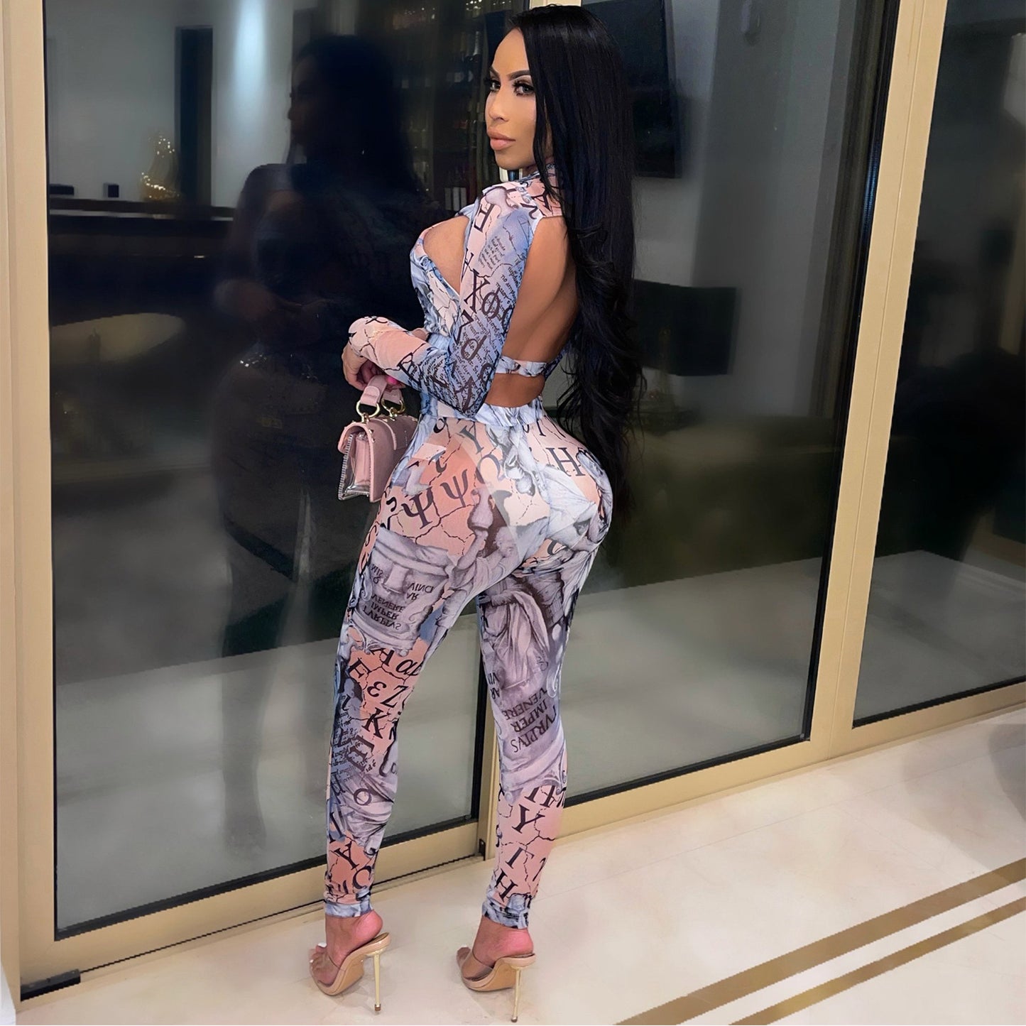 Printed Mesh See-Through Long-Sleeved Casual Suit