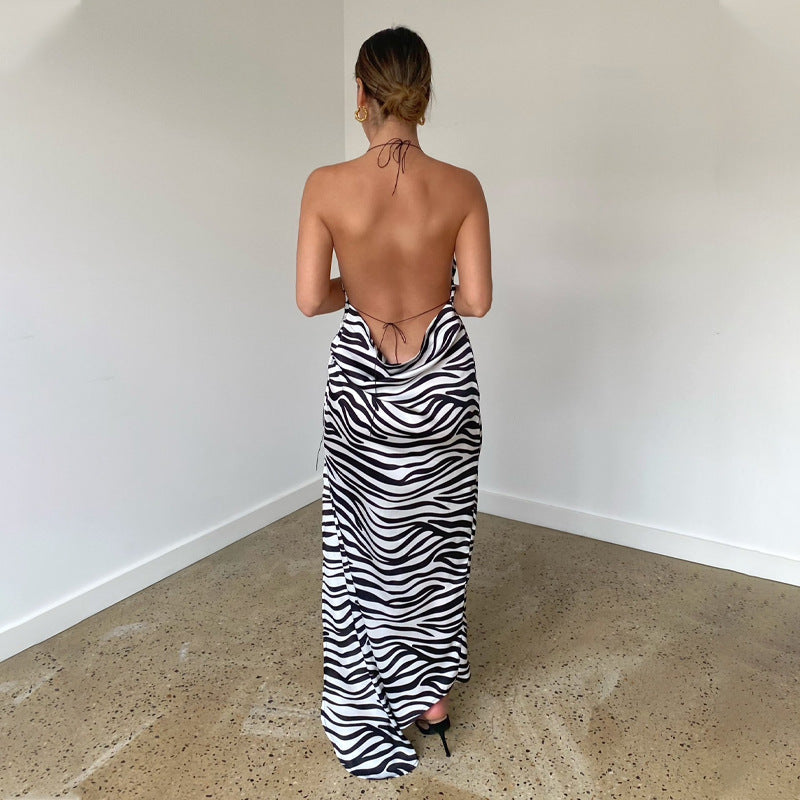 Zebra Pattern Sexy Split Halter Dress Women