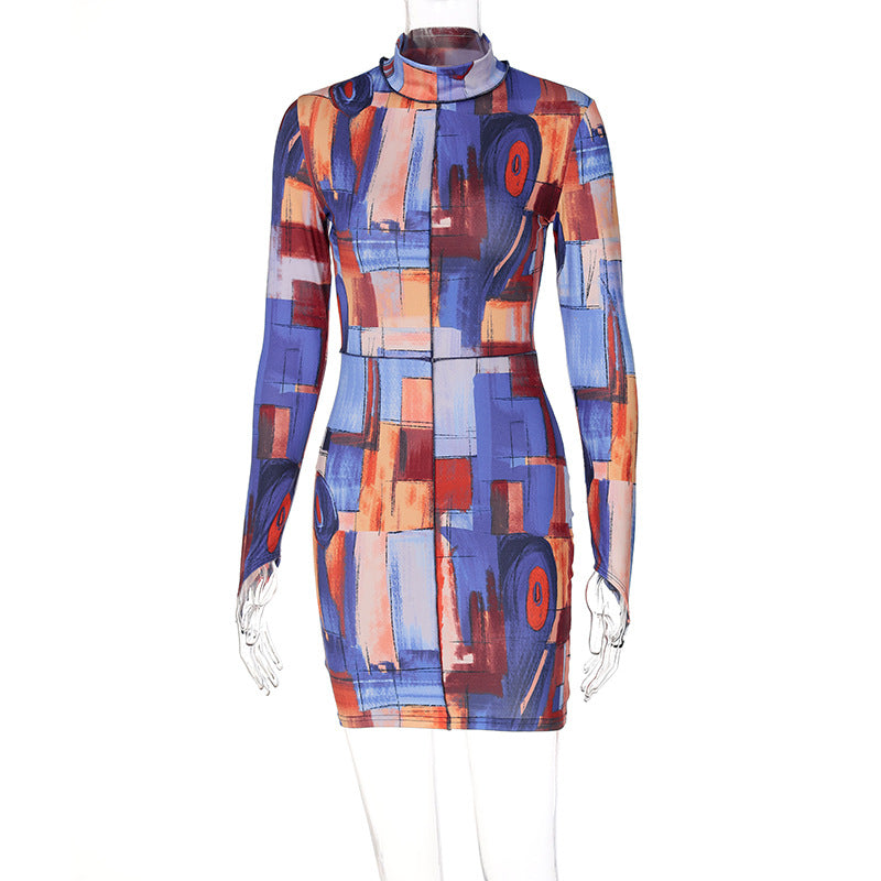 Fashionable Oil Painting Printed Turtleneck Sheath Dress