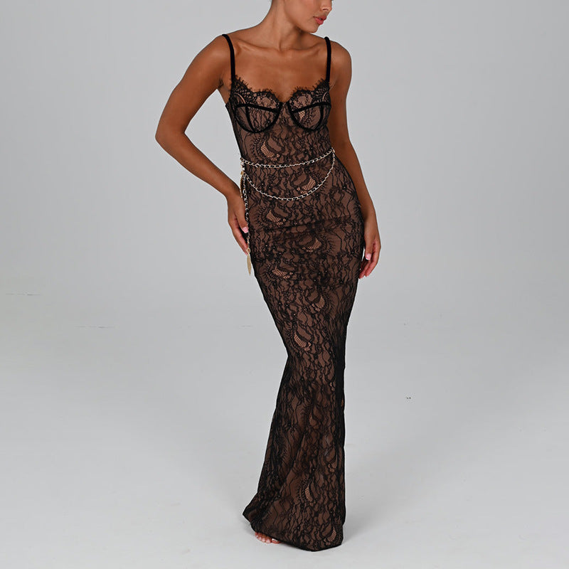New Lace Splicing Sling Long Dress