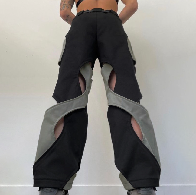 Street Chic Hollow-out Cross Design Contrast Color High Waist Woven Pants