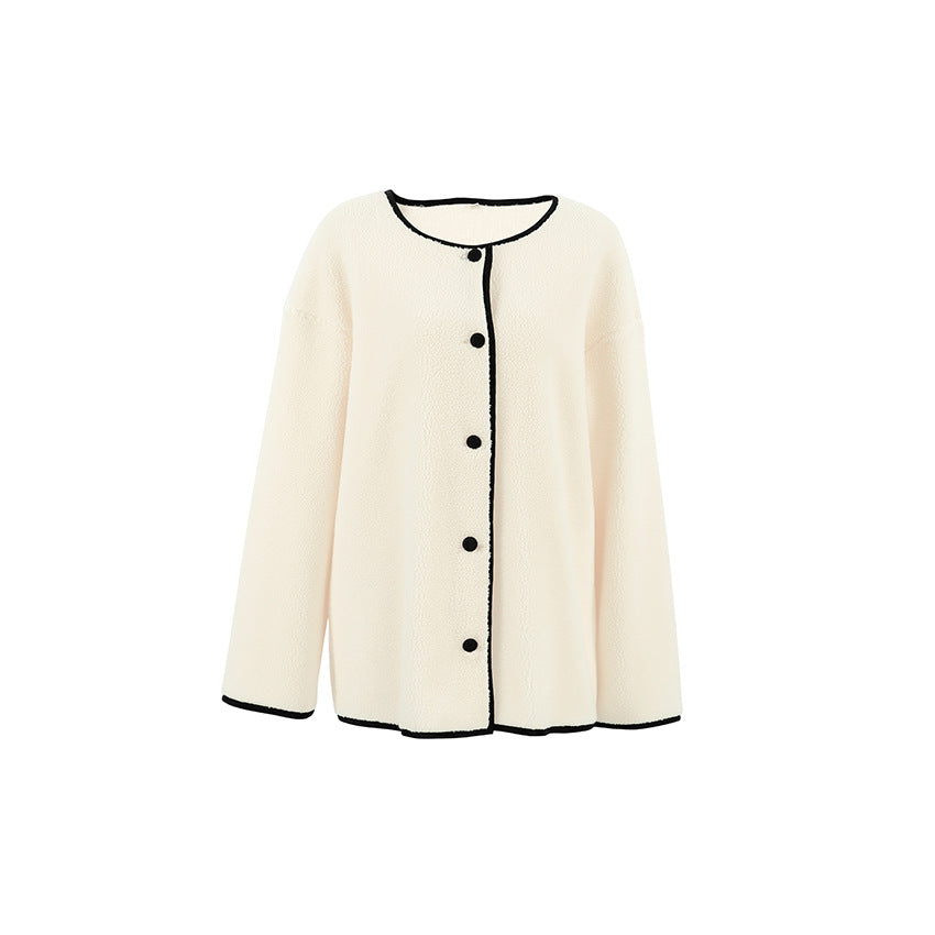 Beige Lambswool Patchwork Round Neck Warm Baggy Coat