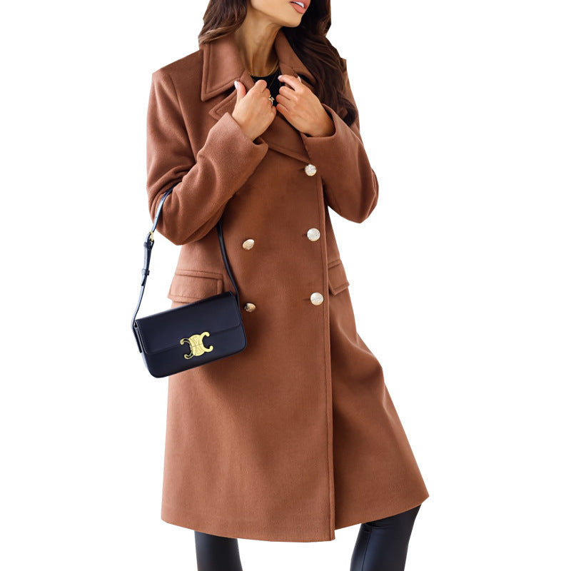 Women's New Simple Long Sleeve Lapel Double Breasted Woolen Coat