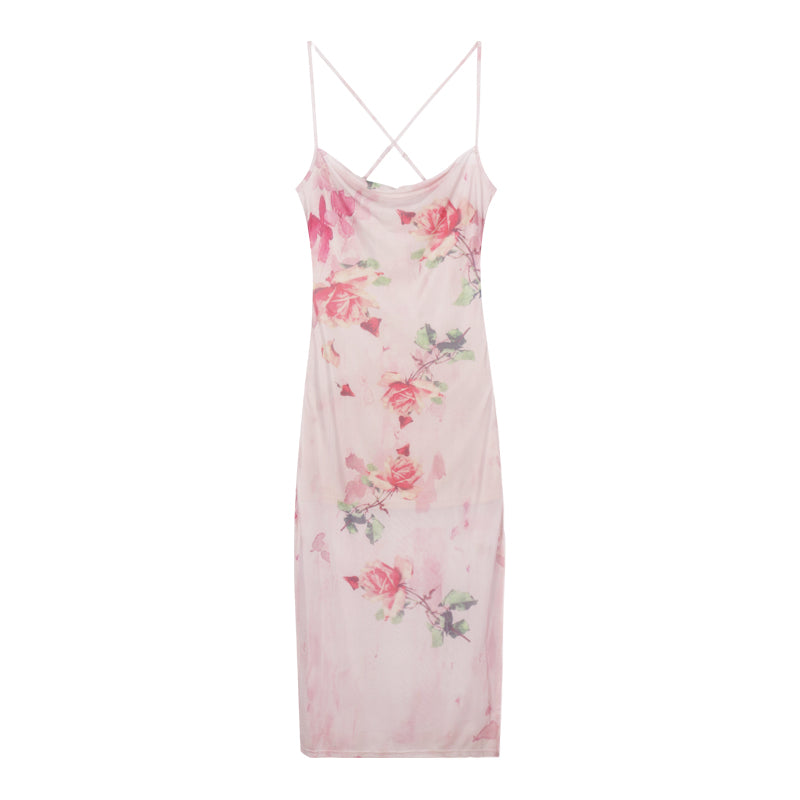 Women's Vintage Slit Floral Suspender Dress