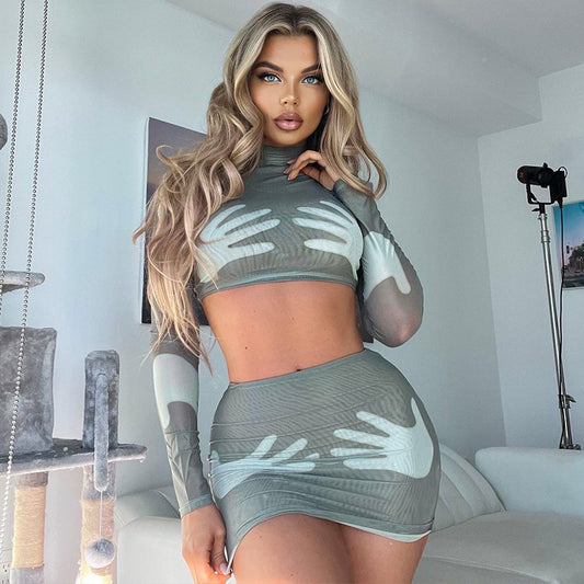 Fashion Print Crop Long Sleeve Top Slim Short Style Skirt Suit