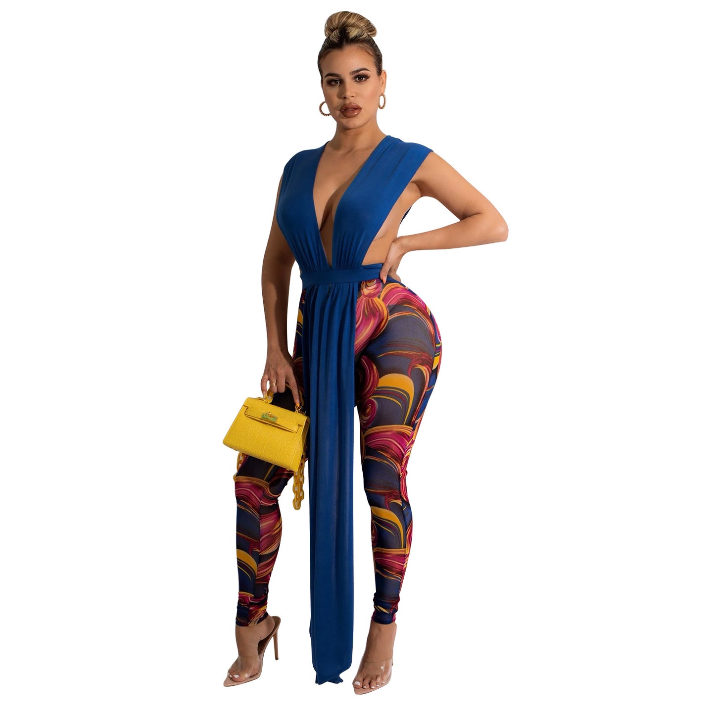 Ladies Fashion Mesh Print Trousers Two Piece Set Women
