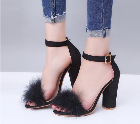 High-heeled thick with large size women's shoes sandals real hair with sandals