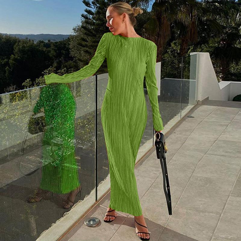 Casual Solid Colour Round Neck Long Sleeve Slim Fit Dress