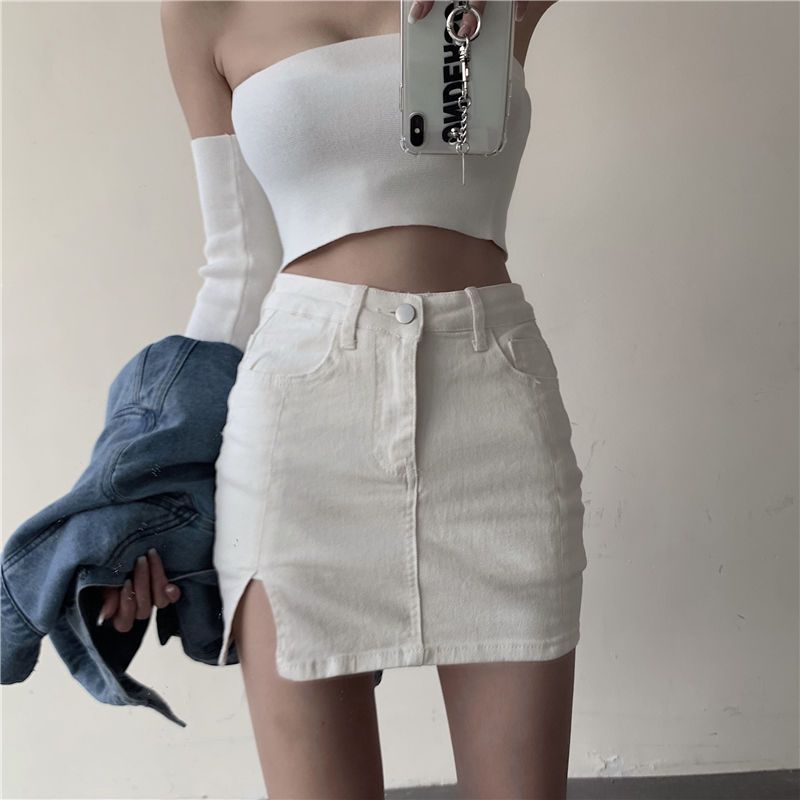 Split High Waisted Slim Denim Skirt