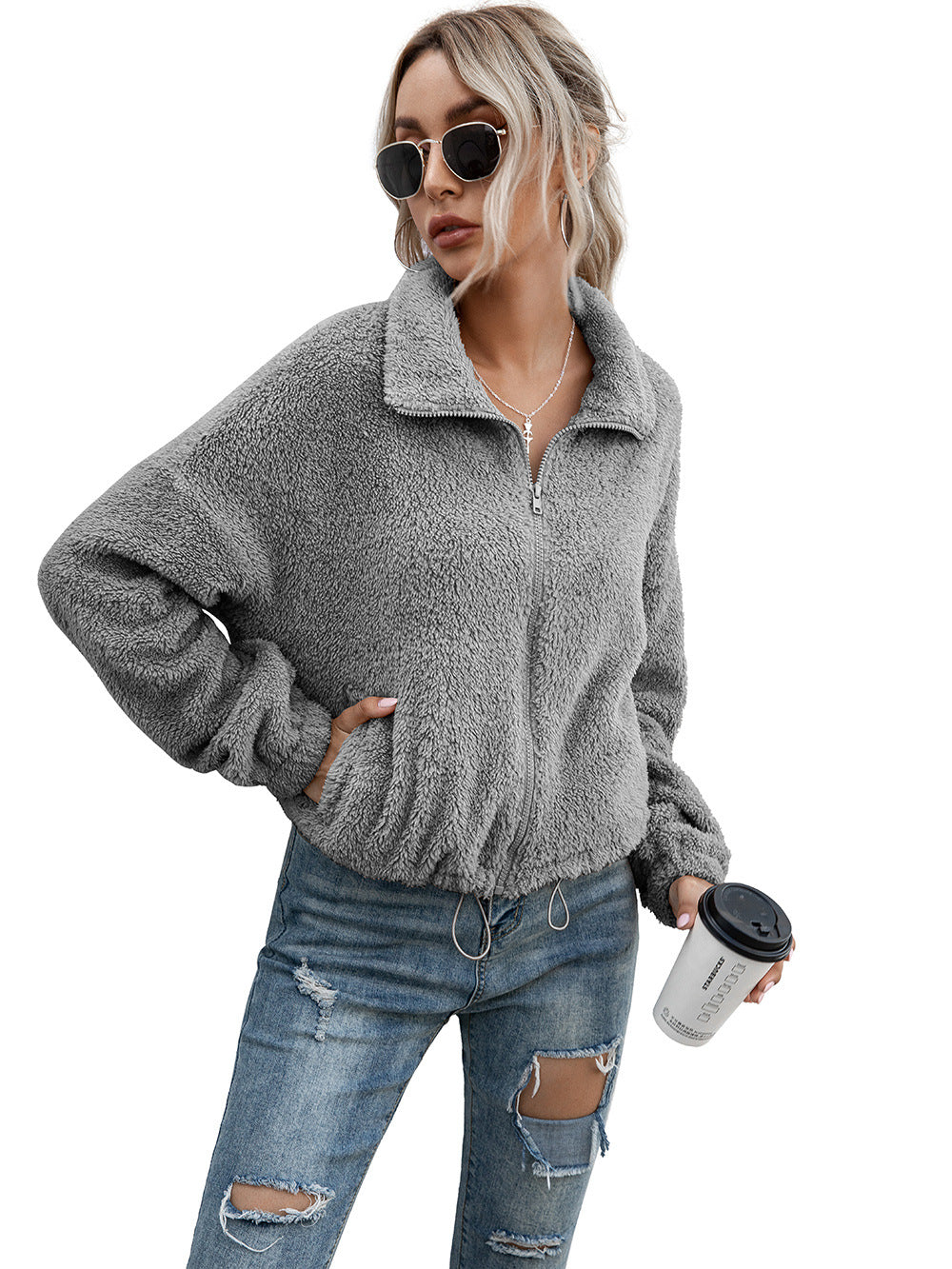Women's leather bracelet lapel top drawstring sweater coat