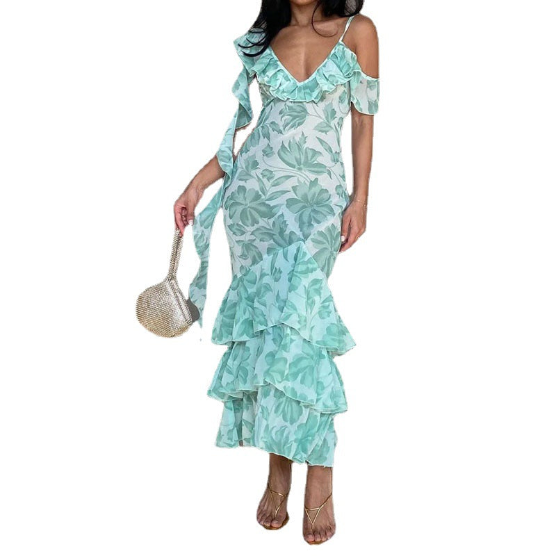 Fashion Printed Fishtail Ruffled Dress