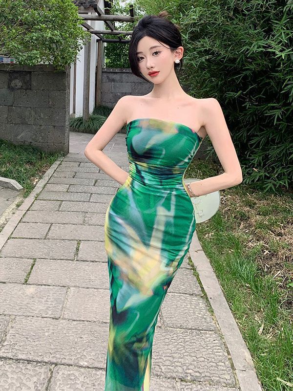 Retro Chinese Style Ink Painting Tube Top Dress