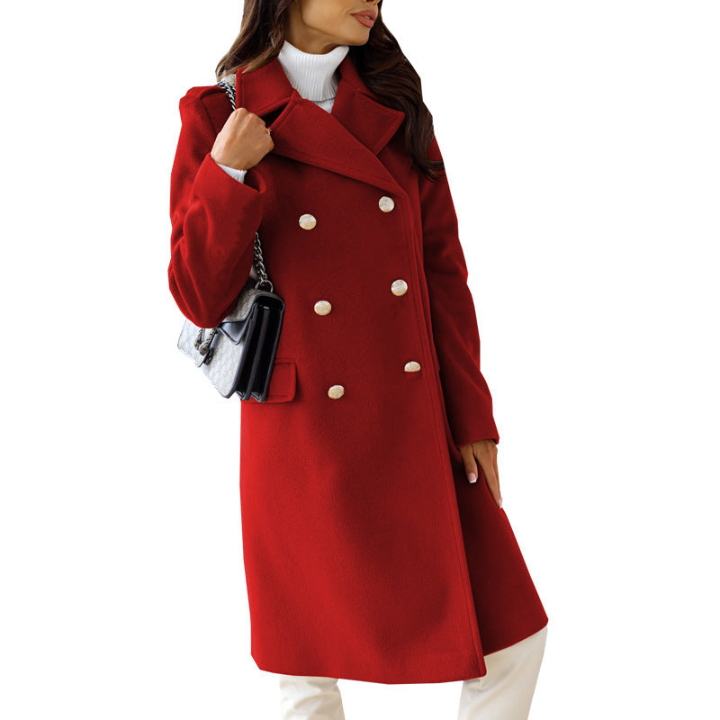 Women's New Simple Long Sleeve Lapel Double Breasted Woolen Coat