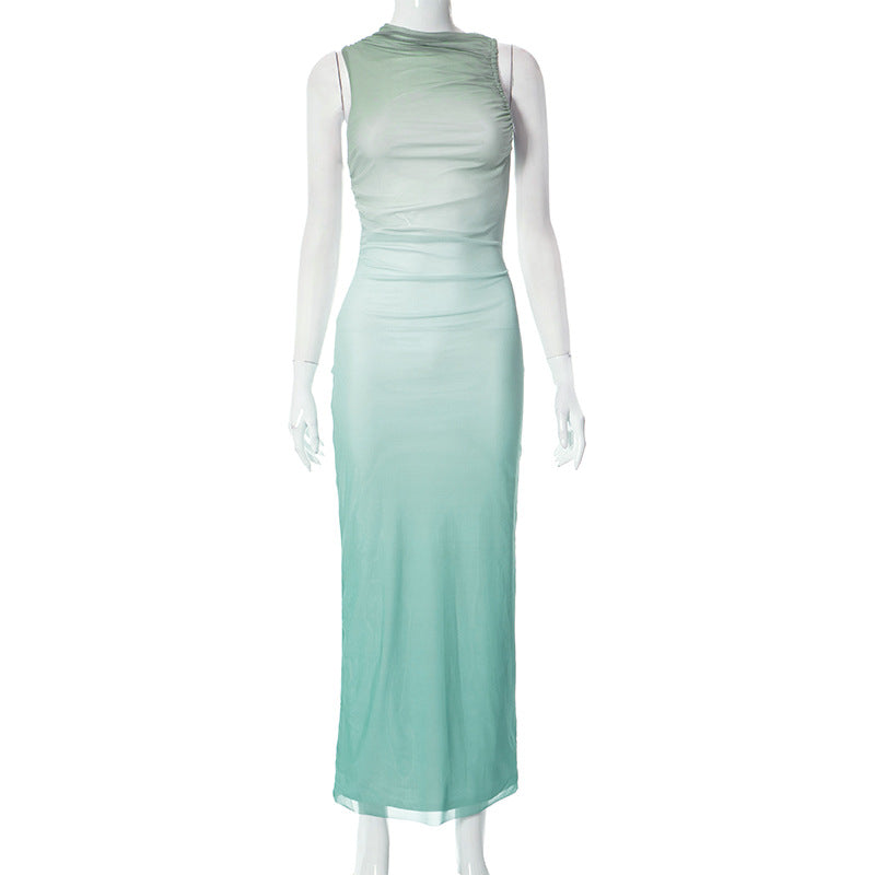 Round Neck Sleeveless Tie-dyed Mesh Long Dress