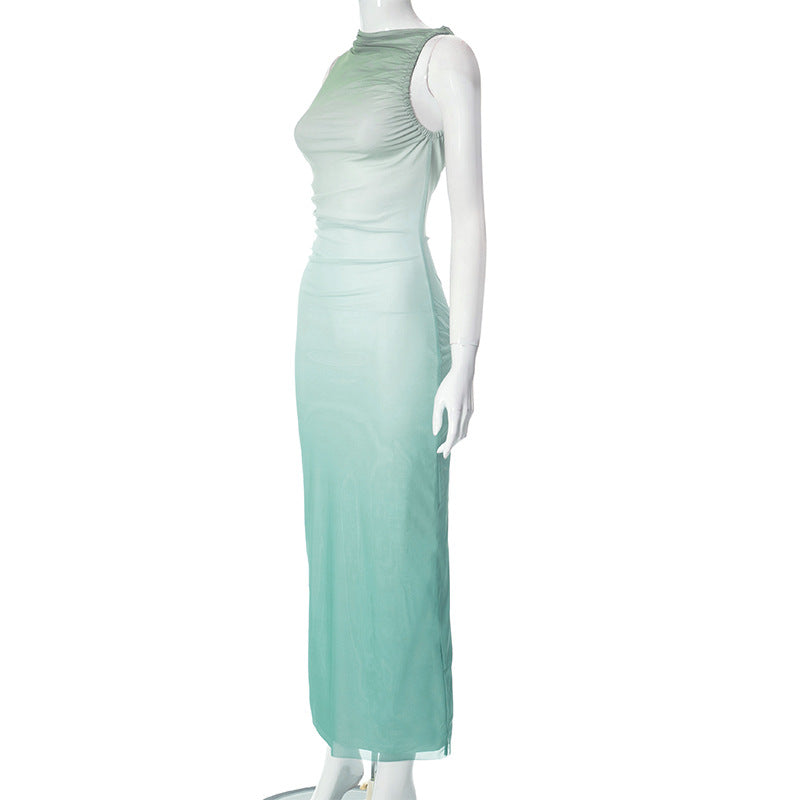 Round Neck Sleeveless Tie-dyed Mesh Long Dress