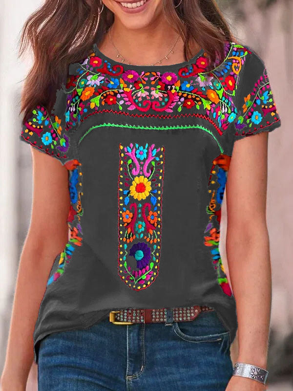 Women's Bohemian Print Round Neck Short Sleeve T-shirt Top