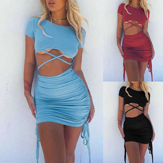 Summer New Solid Color Sexy Hollow Short-sleeved Round Neck Pleated Dress