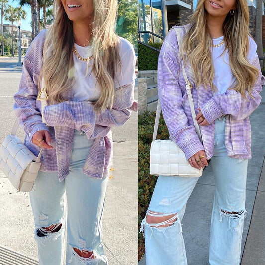 Check Printed Long Sleeve Cardigan Single-breasted Casual Jacket