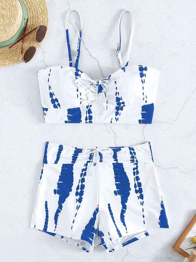 European And American Split High Waist Boxer Lace Printing Swimsuit
