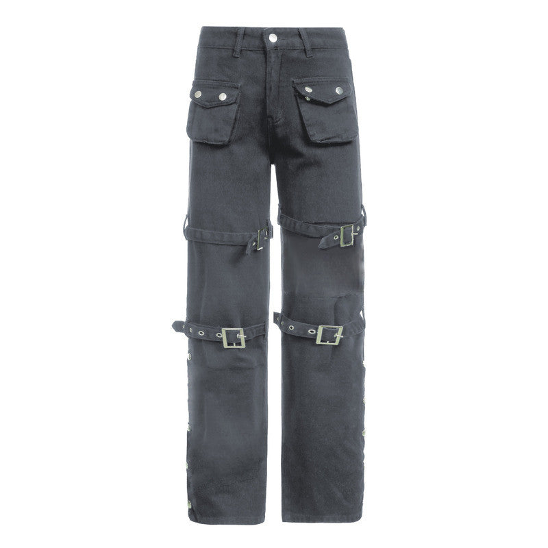 Little Devil Punk Style Leather Buckle Graffiti Black Jeans Wide-leg Slim Straight-leg Pants Trousers