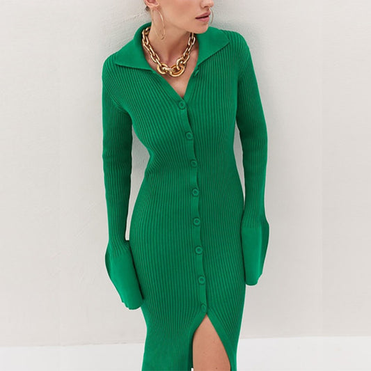 V-neck Long Button Flared Sleeve Sweater Dress