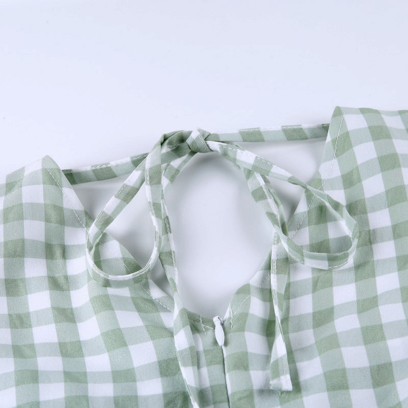 Square neck puff sleeve plaid dress women