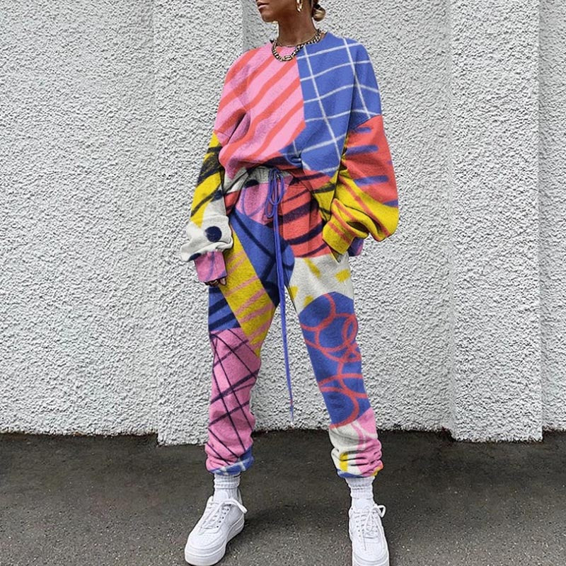Fashion Printed Round Neck Long Sleeve Trousers