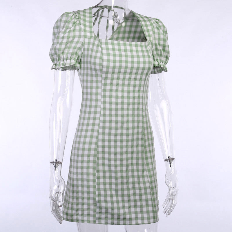Square neck puff sleeve plaid dress women