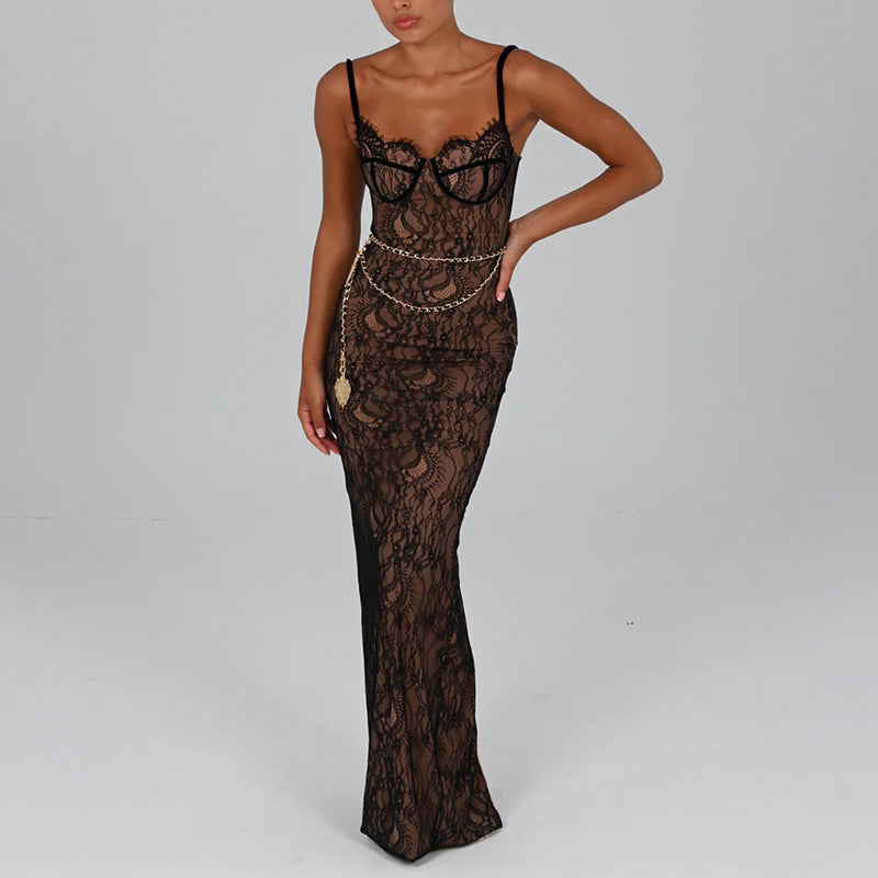New Lace Splicing Sling Long Dress