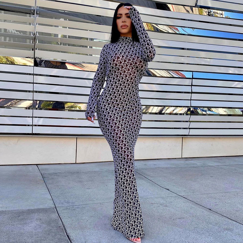 Fashion Mesh Sheer Print Open Back Dress