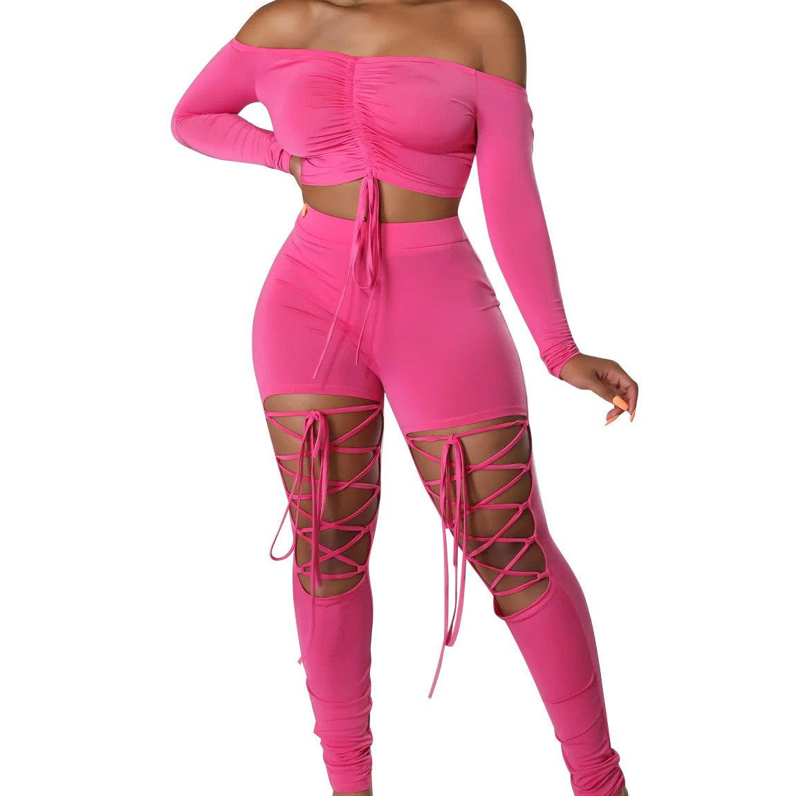 Europe And The United States Women's Solid Color Backless Strapless Drawstring Straps Two-piece