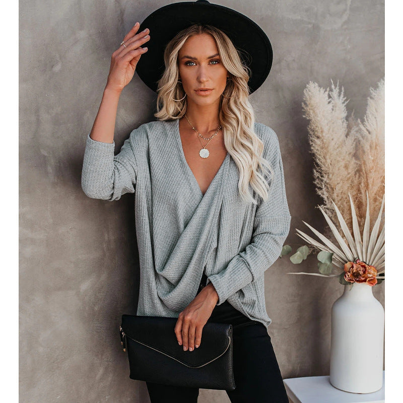 Casual Solid Color Long Sleeve V-Neck T-Shirt Top