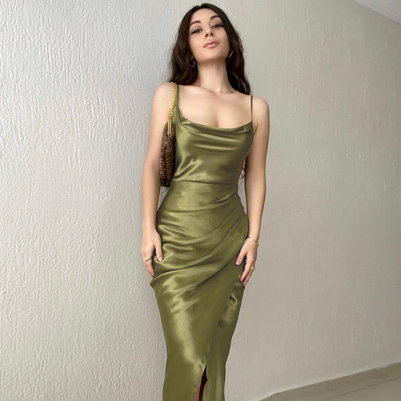 Women's Low Cut Satin Split Sling Dress