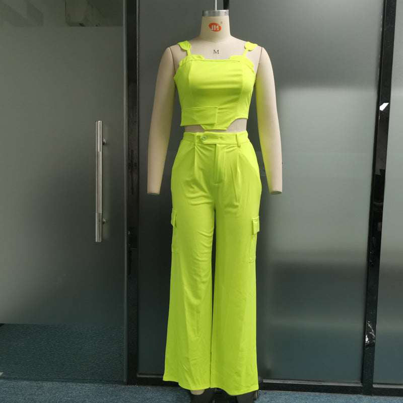 Women's Loose Fitting Straight Leg Pants Solid Color Two-piece Set