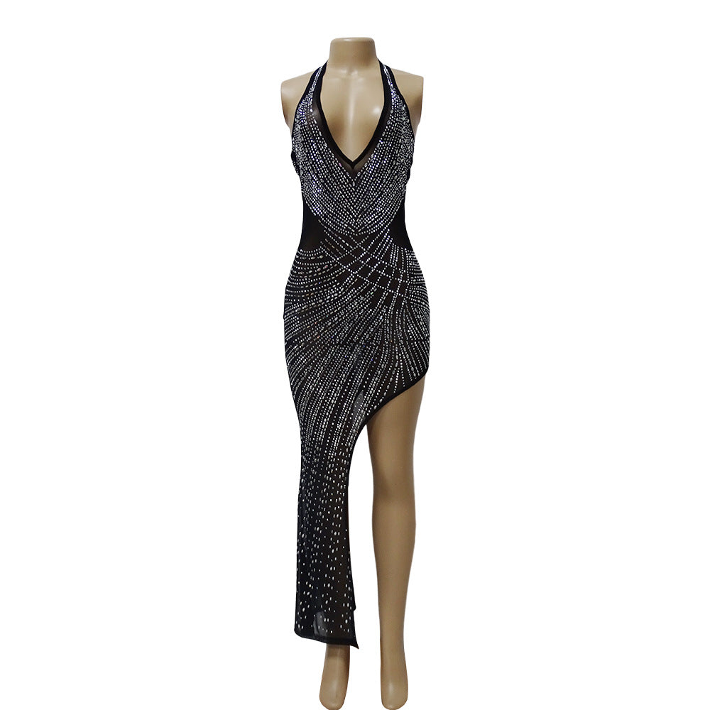 Mesh Rhinestone Halter Asymmetric Skirt
