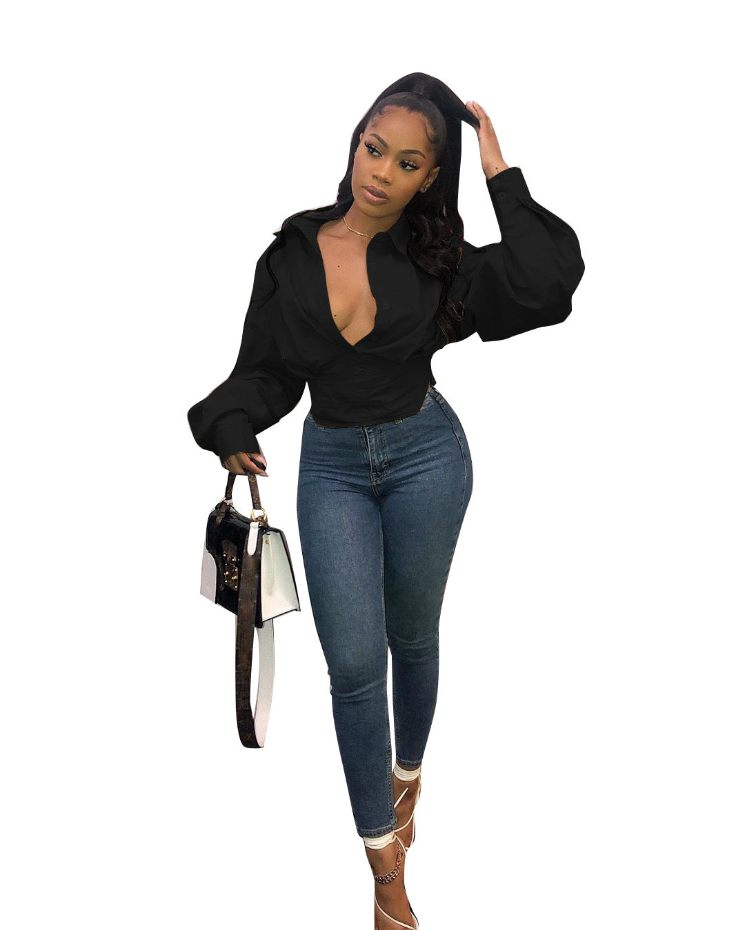 Fashion slim temperament solid color lantern sleeve shirt