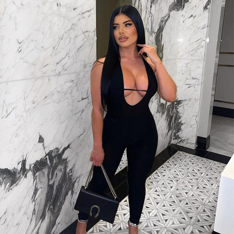 Women's Sleeveless Tight Halter Neck Solid Color Jumpsuit