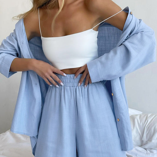 Fashion Cardigan Cotton And Linen Pure Color Comfort Pajamas Two-piece Set