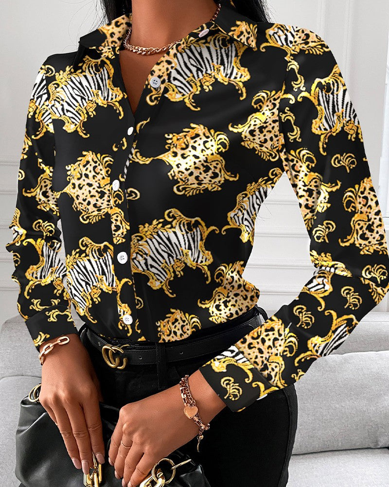 Loose Long Sleeve V Neck Button Print Shirt Women